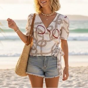 Marine Rope Print Wrap Blouse Short Puff Sleeves Coastal Beach Style Top NWOT